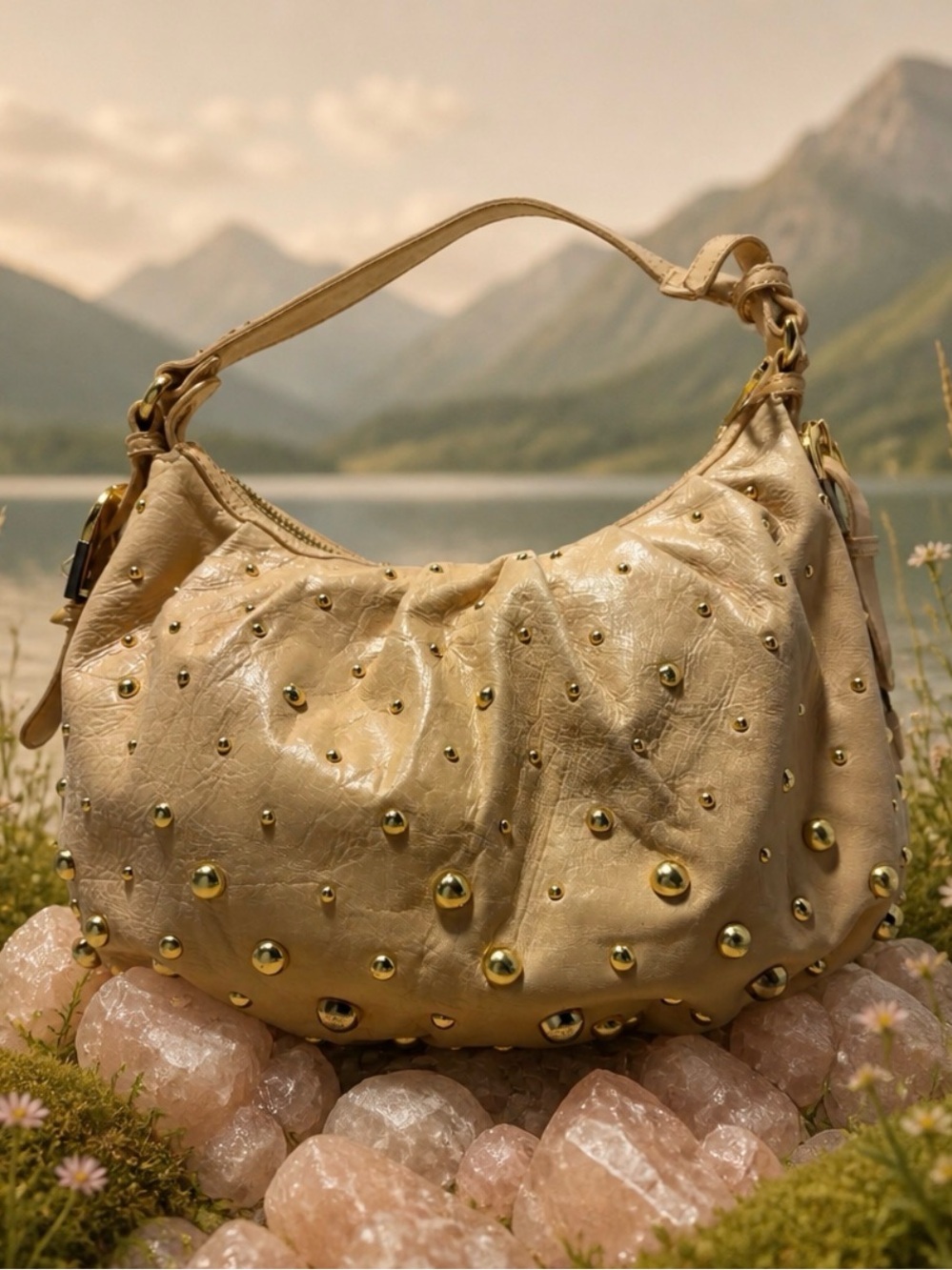 Badgley Mischka Gold Studded Hobo Shoulder Bag